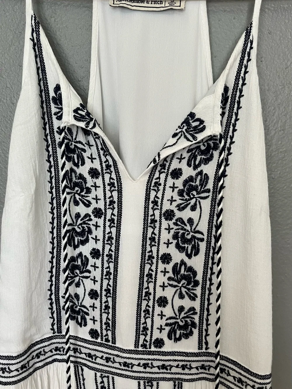 Abercrombie & Fitch White Maxi Dress with Black Floral Embroidery